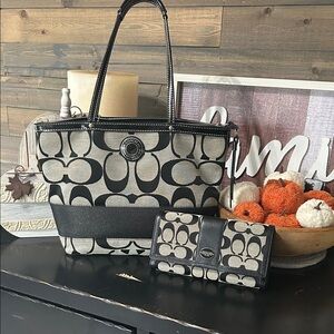 Coach Legacy Black and Gray Signature Tote and Wallet Set